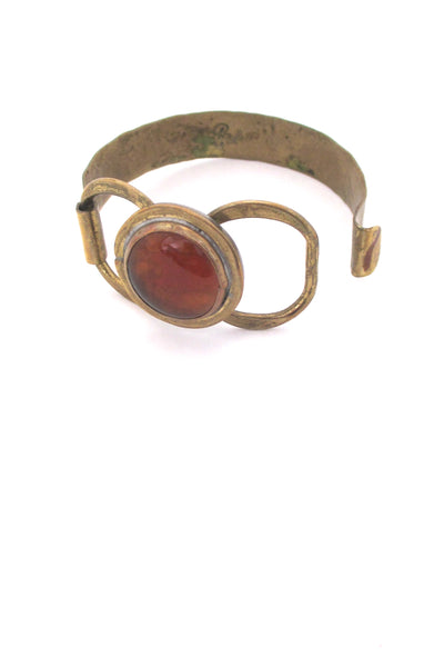 detail Rafael Alfandary Canada hammered brass round amber glass stone hinged bracelet vintage Canadian jewelry