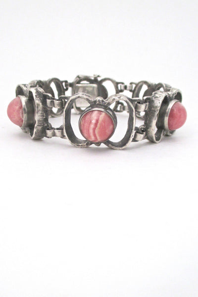 detail brutalist silver and rhodochrosite vintage link bracelet in the style of TeKa or Relo