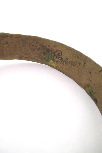 Rafael Canada hammered brass hinged bracelet ~ round amber glass stone