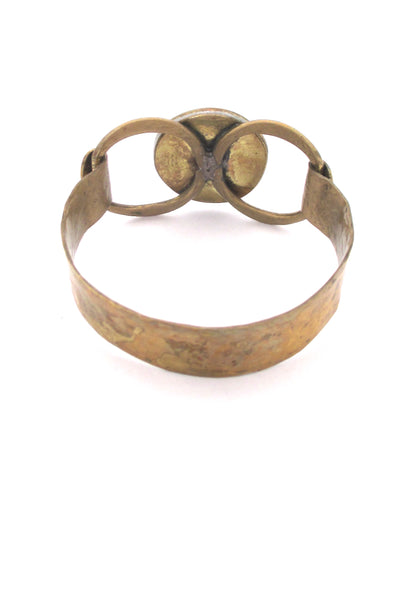 Rafael Canada hammered brass hinged bracelet ~ round amber glass stone