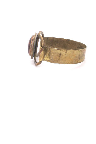 profile Rafael Alfandary Canada hammered brass round amber glass stone hinged bracelet vintage Canadian jewelry