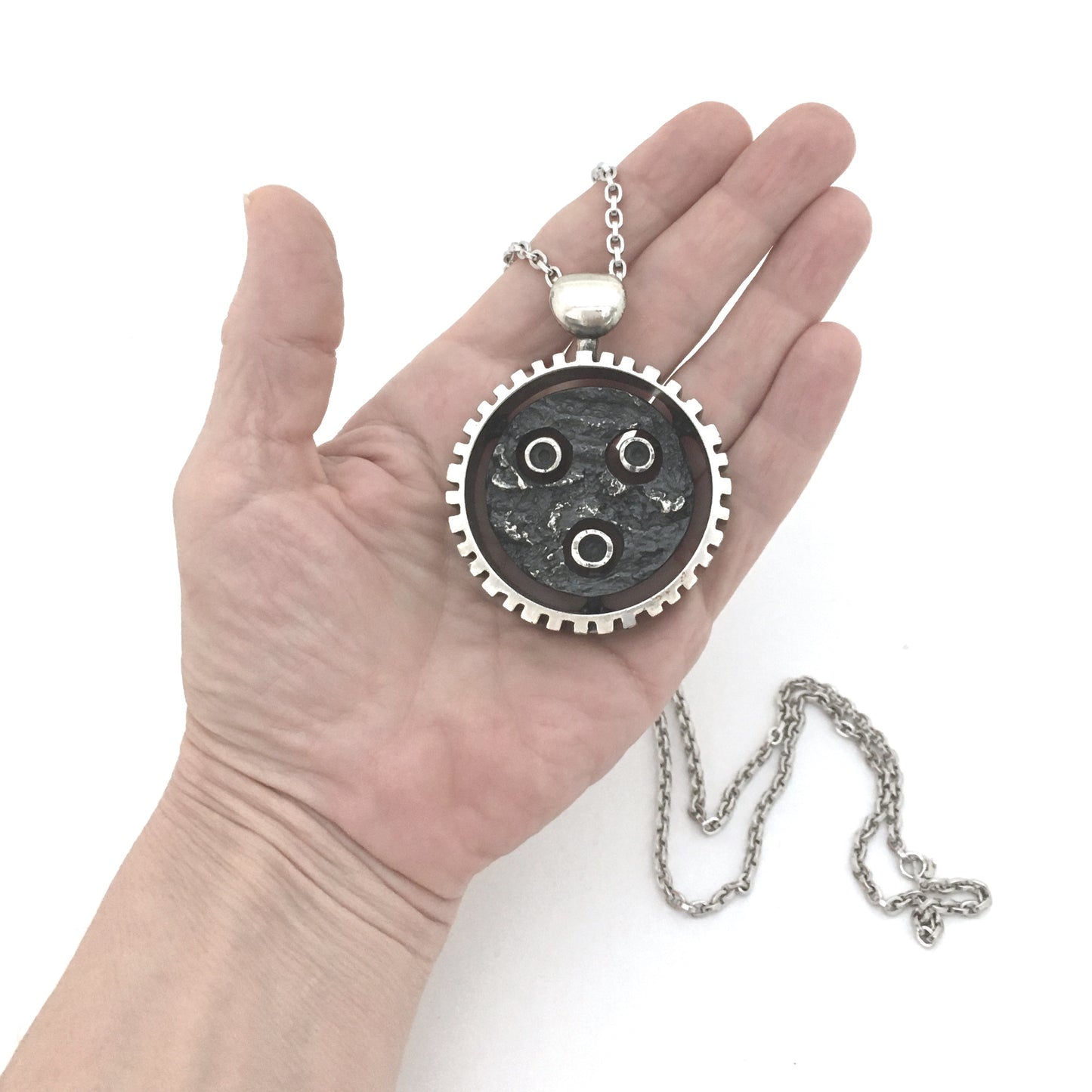 Guy Vidal large brutalist pewter double sided pendant necklace ~ rare