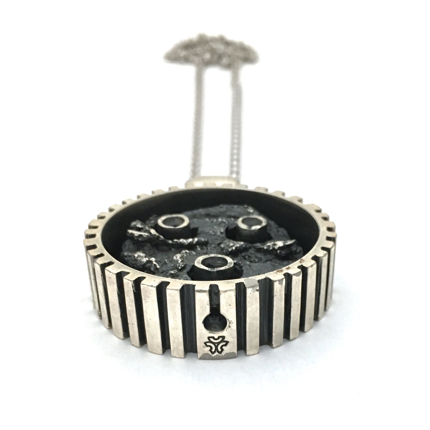 Guy Vidal large brutalist pewter double sided pendant necklace ~ rare