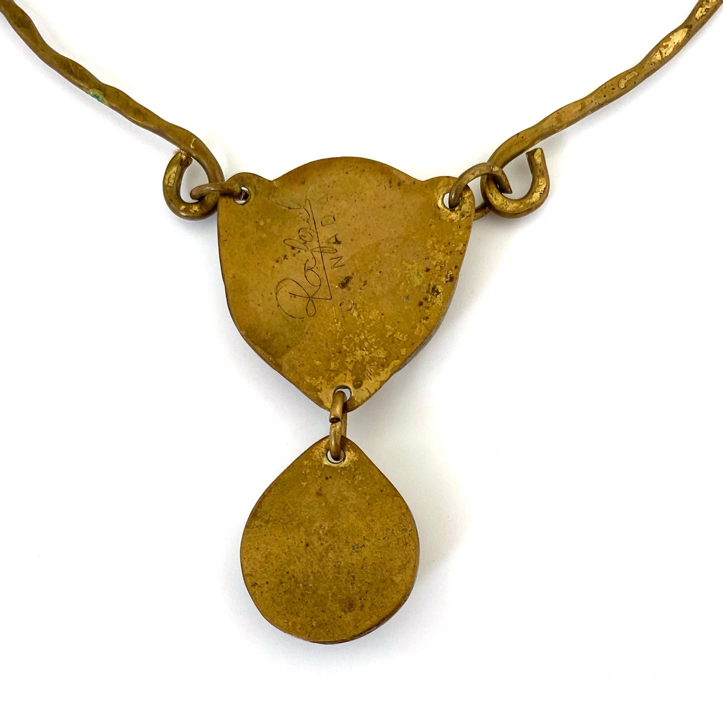 Rafael Canada brass double pendant choker necklace ~ amber glass