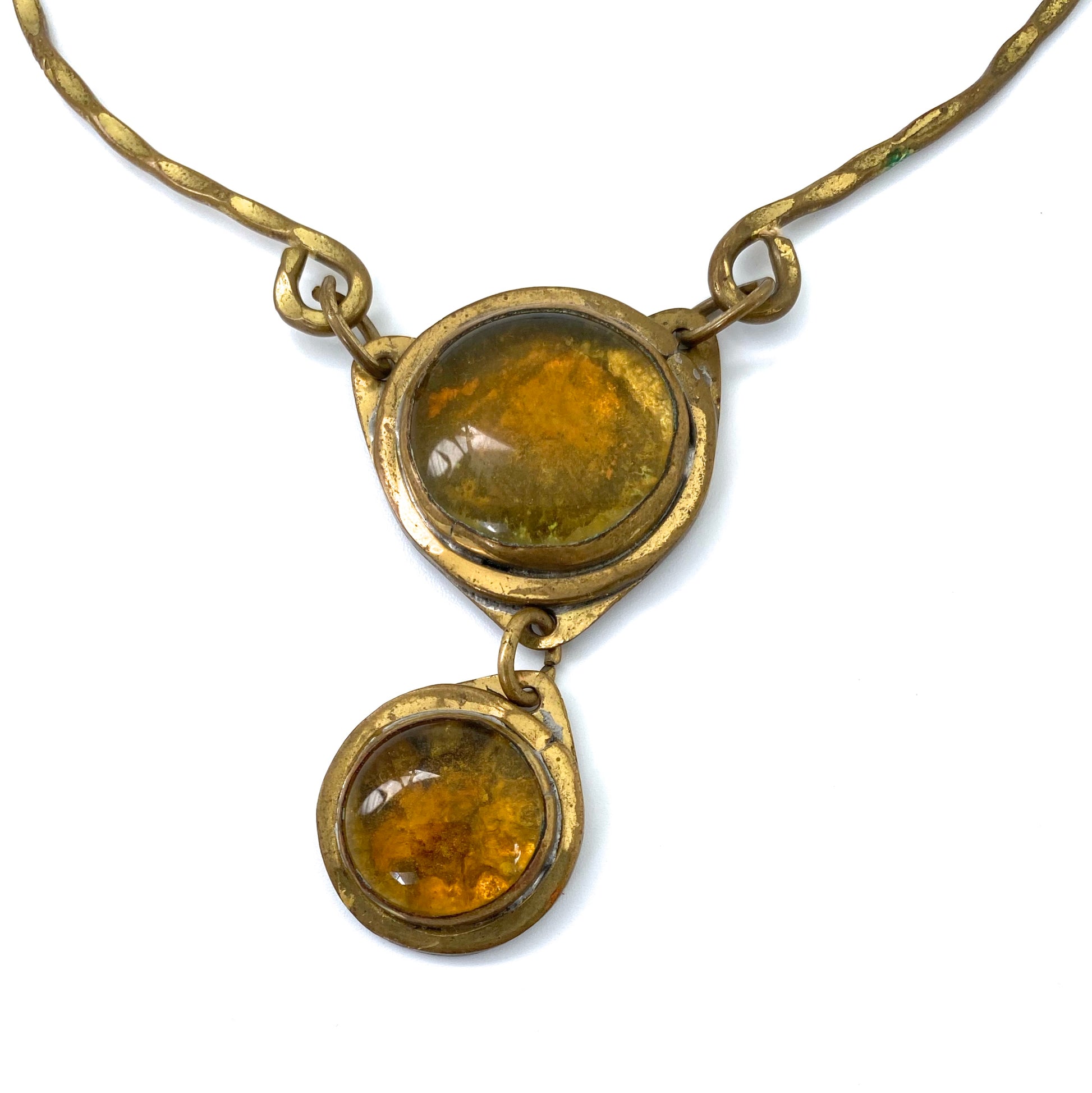 detail Rafael Alfandary Canada vintage brutalist brass amber glass double pendant choker necklace Canadian design jewelry