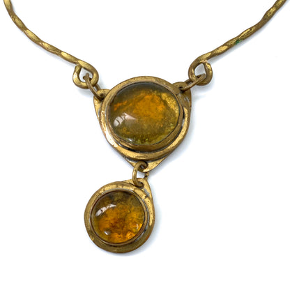detail Rafael Alfandary Canada vintage brutalist brass amber glass double pendant choker necklace Canadian design jewelry