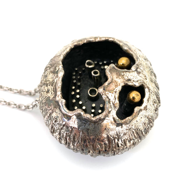 detail Guy Vidal Canada vintage brutalist pewter large pod necklace Canadian Modernist jewelry design rare