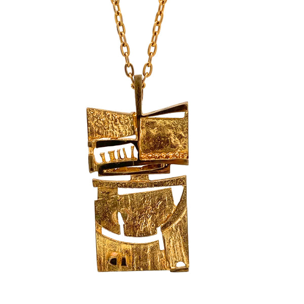 detail Jorma Laine Finland vintage gilded bronze openwork pendant necklace Scandinavian Modernist jewelry design