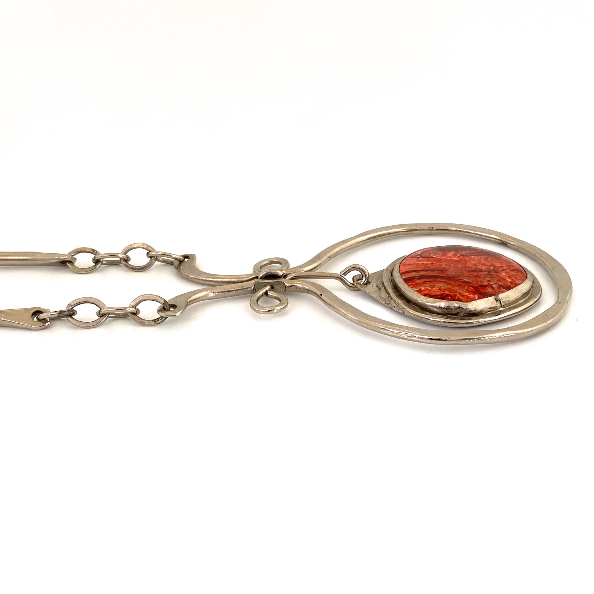 profile Rafael Alfandary Canada vintage brutalist silver tone classic kinetic pendant necklace striped red glass stone