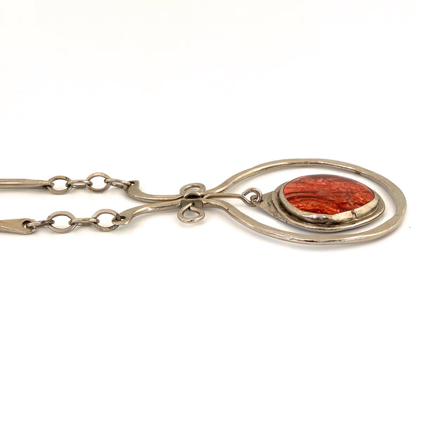 profile Rafael Alfandary Canada vintage brutalist silver tone classic kinetic pendant necklace striped red glass stone