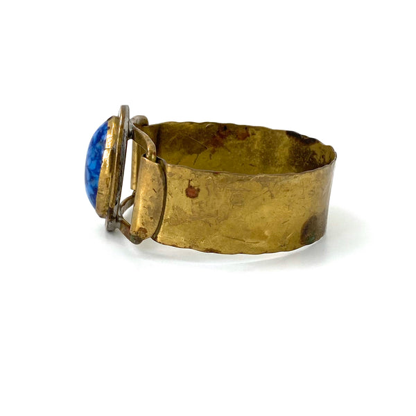 profile Rafael Alfandary Canada vintage brutalist brass hinged bracelet mottled blue glass Canadian jewelry design
