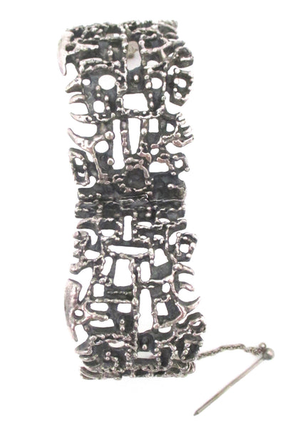 detail Guy Vidal Canada vintage brutalist pewter pin closure large hinged bracelet mid century jewelry