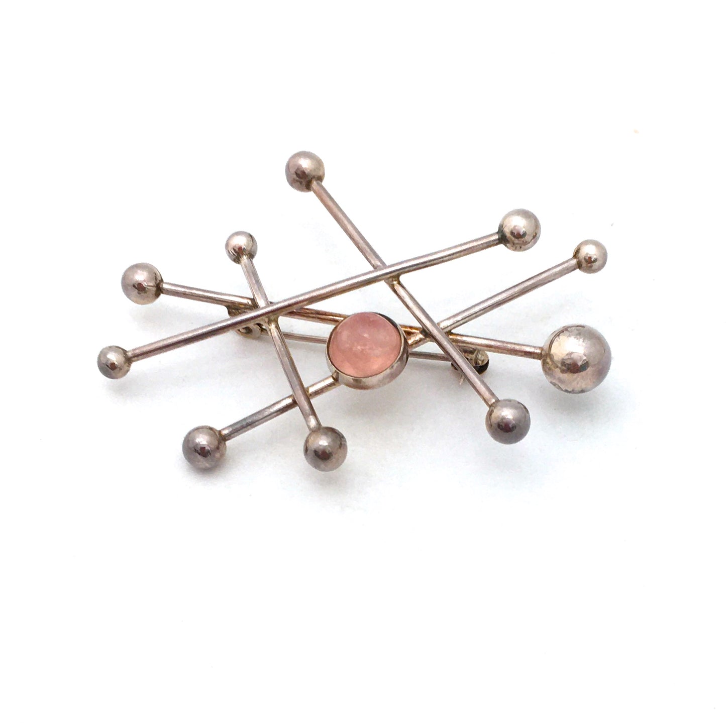 Niels Erik NE From Denmark vintage silver rose quartz atomic large brooch Scandinavian Modernist jewelry design