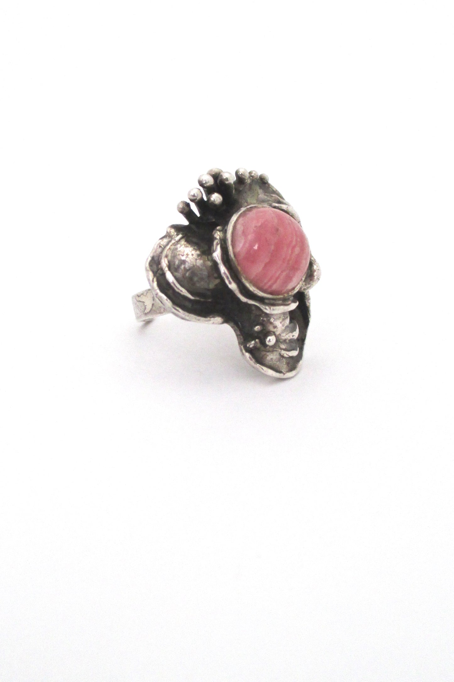 detail vintage silver and rhodochrosite large brutalist ring
