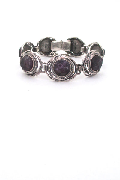 detail Engla Germany vintage silver amethyst brutalist panel link bracelet mid century modern design jewelry