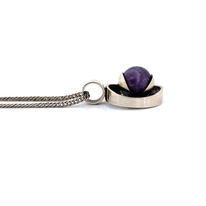 profile Elis Kauppi Kupittaan Kulta Finland vintage sterling silver amethyst sphere pendant necklace Scandinavian Modernist jewelry design