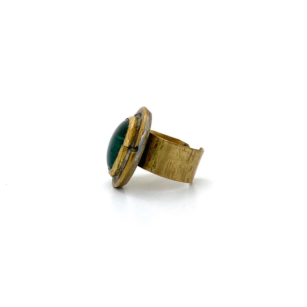 profile Rafael Alfandary Canada vintage brutalist brass green glass oval ring 