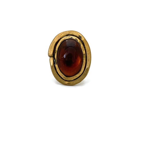 Rafael Canada large oval brass ring ~ amber glass