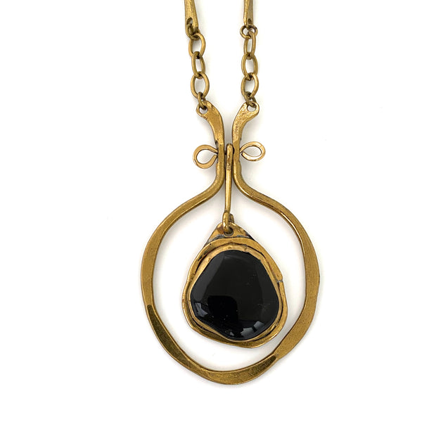Rafael Canada large classic kinetic brass pendant necklace ~ black glass stone
