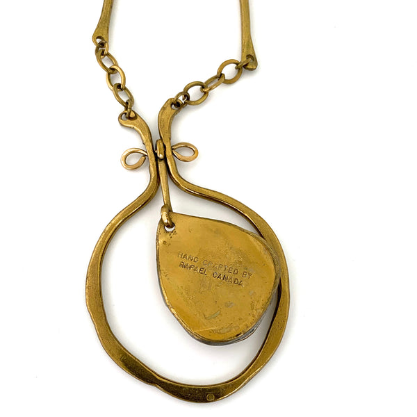 Rafael Canada large classic kinetic brass pendant necklace ~ black glass stone