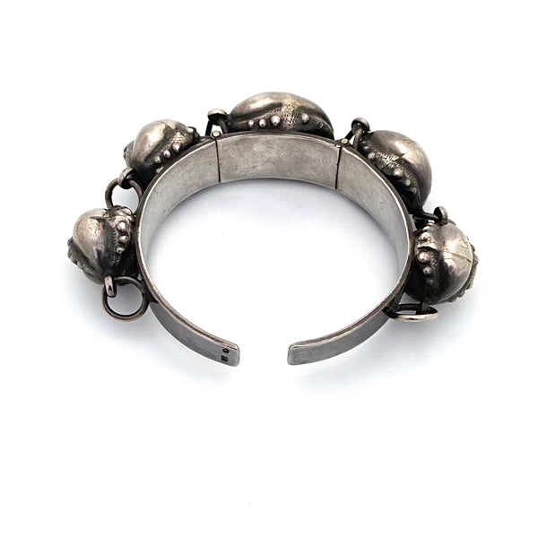 Scandinavian sterling silver graduated textured bead hinged bracelet