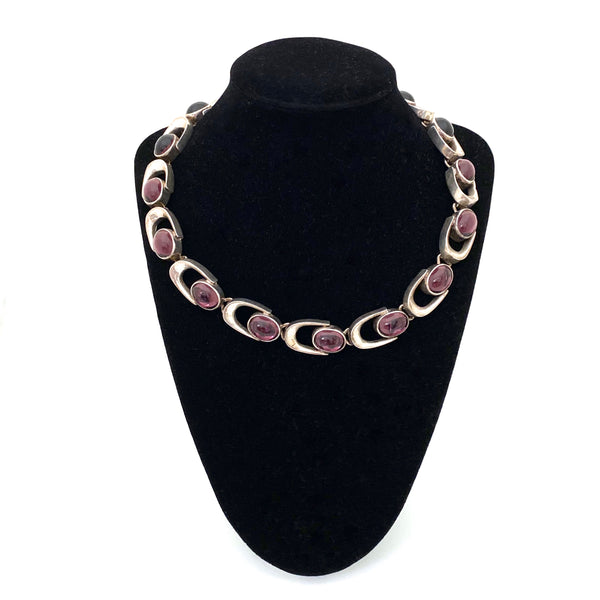 detail vintage Modernist heavy silver purple glass necklace Mexico Modernist jewelry design