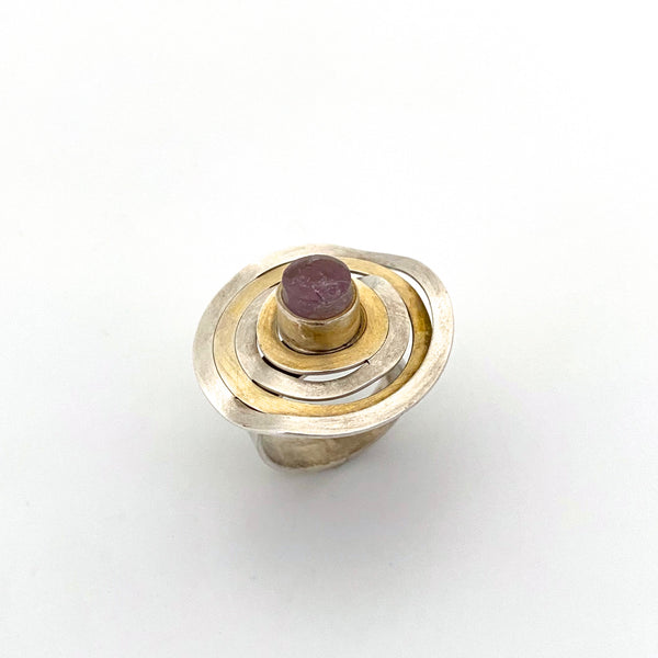 detail vintage Modernist silver gilt amethyst concentric circles large ring