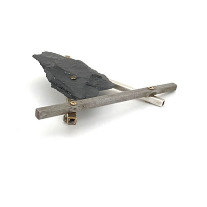 large postmodern brooch ~ silver, brass, iron & slate