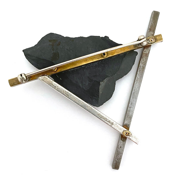 large postmodern brooch ~ silver, brass, iron & slate
