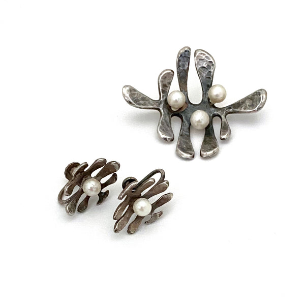 Walter Schluep hammered silver and pearl brooch