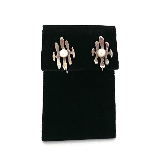 Walter Schluep hammered silver and pearl brutalist earrings