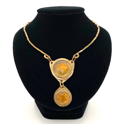 Rafael Canada brass double pendant choker necklace ~ amber glass