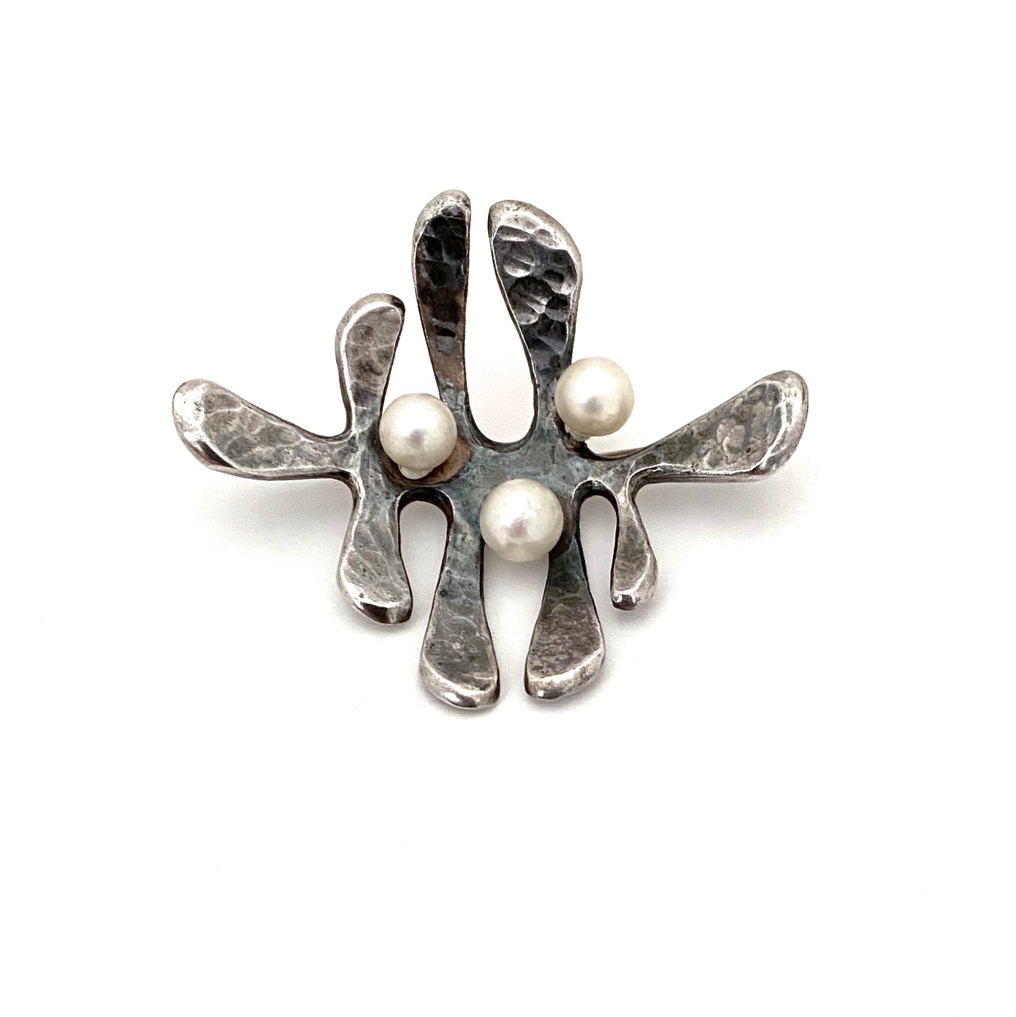 Walter Schluep hammered silver and pearl brooch