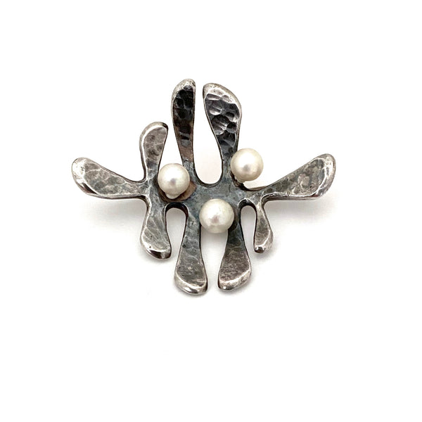 Walter Schluep hammered silver and pearl brooch