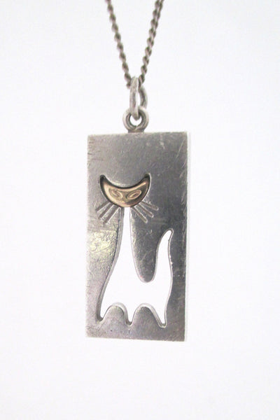 detail Elis Kauppi for Kupittaan Kulta Finland vintage sterling & gold cat pendant necklace