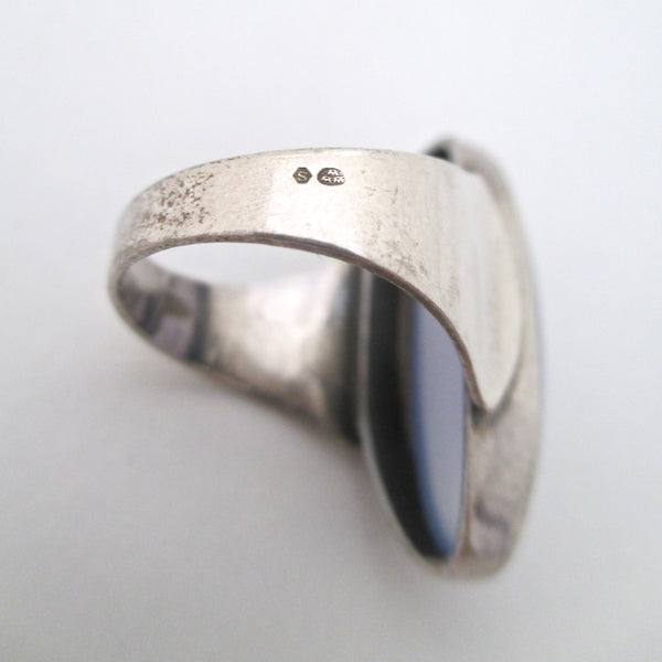 vintage silver & large chalcedony ring ~ Sweden import marks