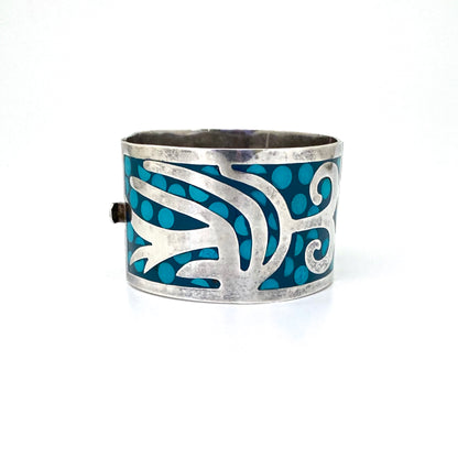 vintage silver & polka dots large panel link bracelet ~ Mexico