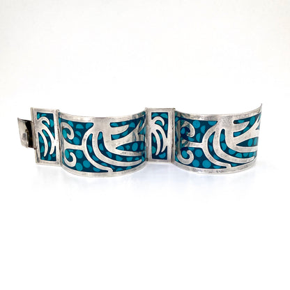 vintage silver & polka dots large panel link bracelet ~ Mexico