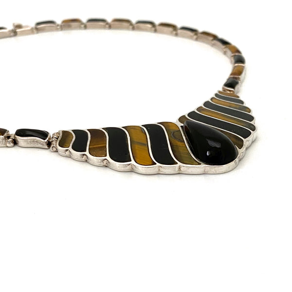 detail Bernice Goodspeed Mexico vintage silver articulated tiger eye onyx necklace Modernist jewelry design