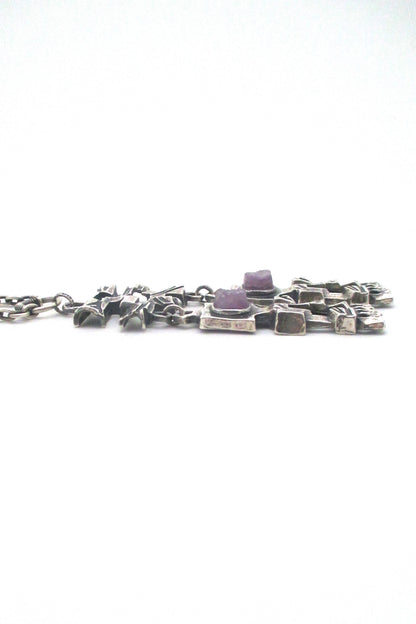 profile Pentti Sarpaneva for Turun Hopea Finland large brutalist kinetic silver amethyst pendant necklace