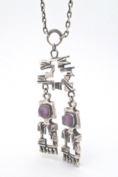 detail Pentti Sarpaneva for Turun Hopea Finland large brutalist kinetic silver amethyst pendant necklace