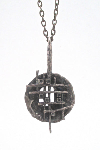 detail Robert Larin Canada vintage brutalist pewter grid pendant necklace wearable sculpture