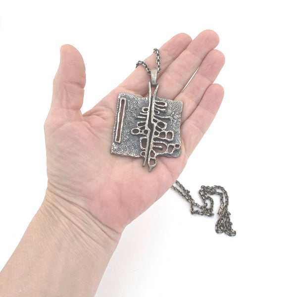 Guy Vidal large pierced brutalist pewter pendant necklace