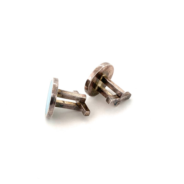 profile Pekka Piekainen Auran Kultaseppa Finland vintage silver enamel cufflinks Scandinavian Modernist jewelry design