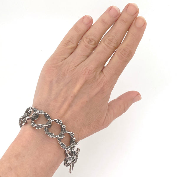 scale vintage textured sterling silver brutalist large link bracelet Modernist jewelry design