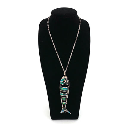 vintage silver & enamel large articulated fish pendant necklace