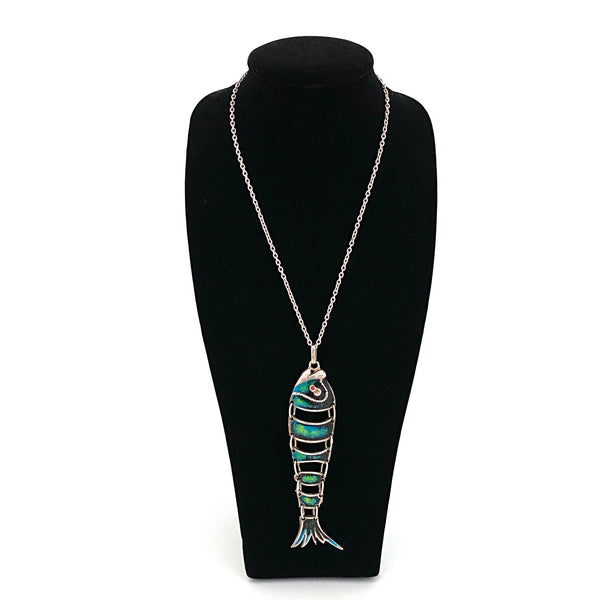 vintage silver & enamel large articulated fish pendant necklace