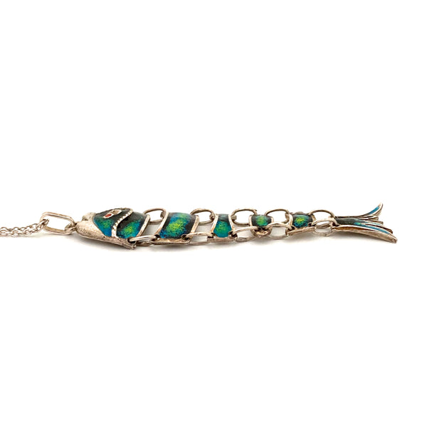 vintage silver & enamel large articulated fish pendant necklace