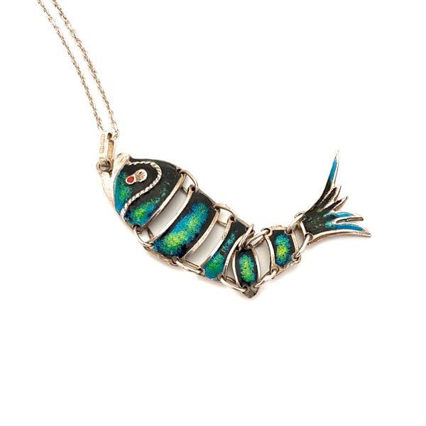 detail vintage silver enamel large articulated fish pendant necklace Italy Modernist jewelry design