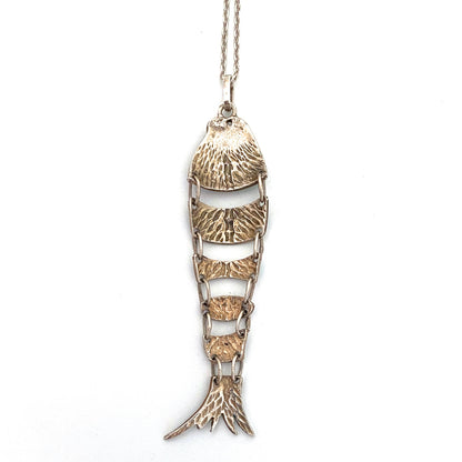 vintage silver & enamel large articulated fish pendant necklace